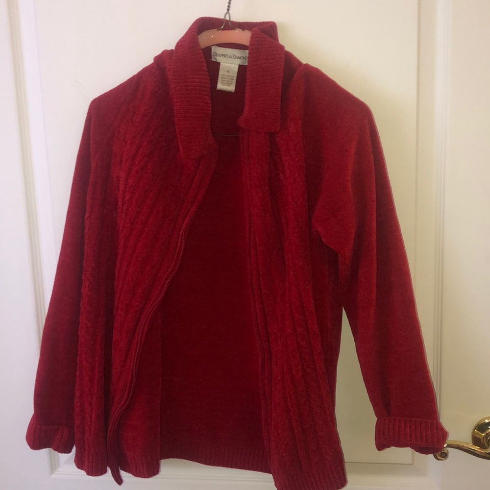 red chenille zip up cardigan